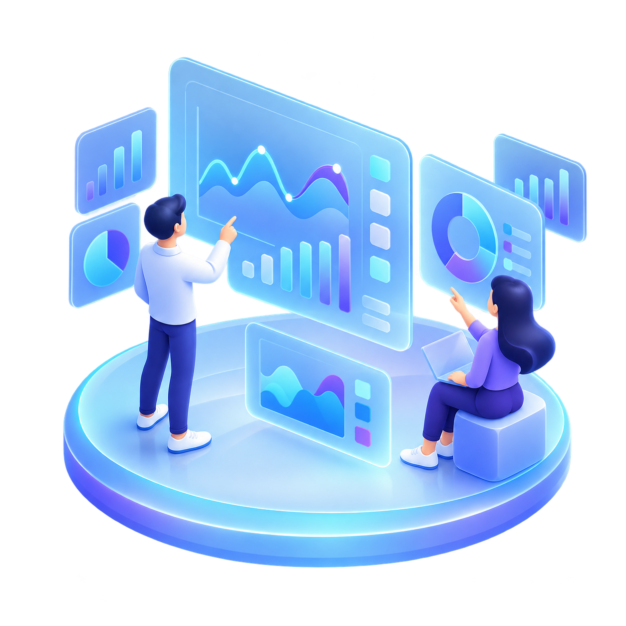 Isometric illustration of people exploring floating analytics panels
